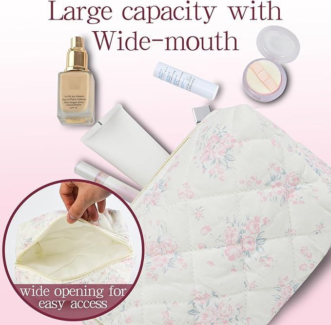 Quilted Makeup Pouch,Cotton Puffy Makeup Bag, Coquette Cosmetic Bag for Women and Girls, Aesthetic Organizer Bag, Cute Flower Travel Toiletry Bag