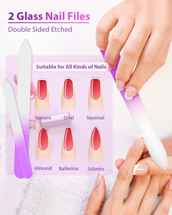 Glass Nail File and Nail Shiner, 4PC Crystal Nail File and Nano Glass Nail Buffer, Premium Set with Case, Professional Manicure Tool Fingernail Czech File for Natural Nail, Gift for Women and Girls