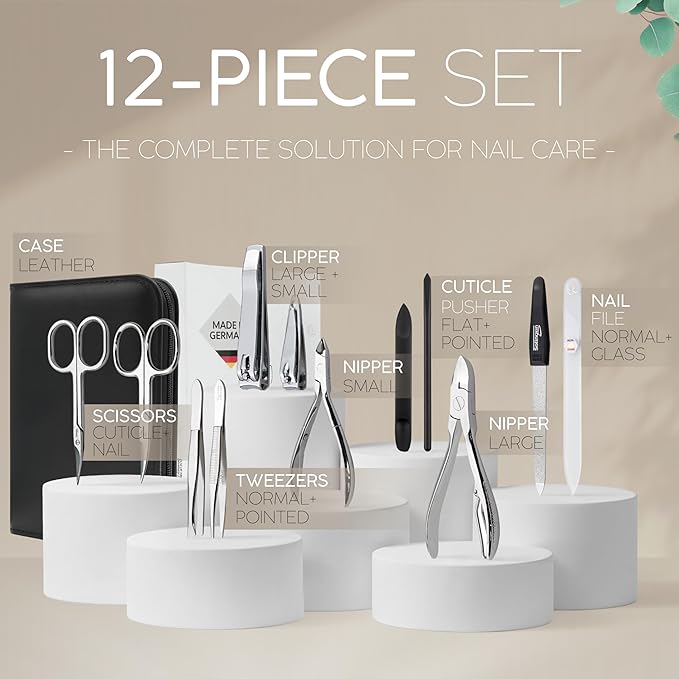 Manicure Set Women and Men – 12-Piece Professional Grooming Kit with Premium Tools, Genuine Leather Case, and Exclusive Glass Nail File for Hand & Foot Care, German Quality