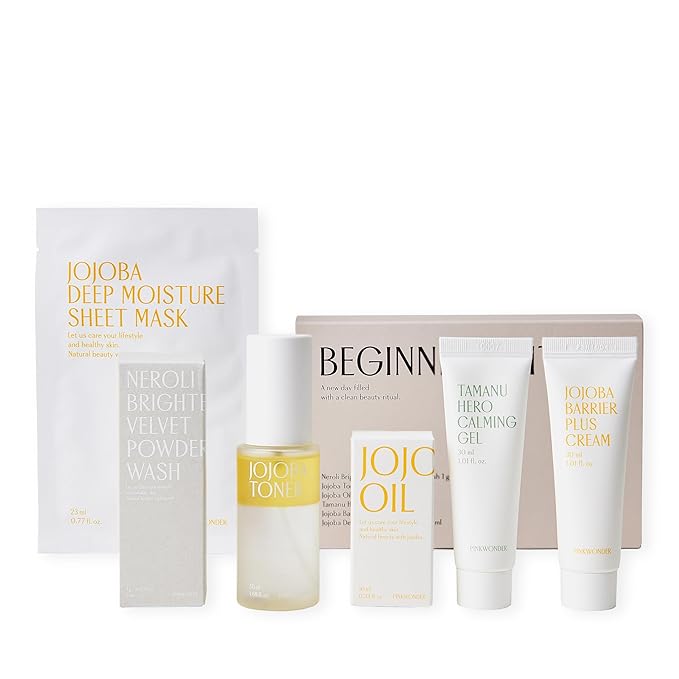 PINKWONDER Beginner Edition Skincare Set | USDA Organic Jojoba Oil | Hydrating & Soothing Routine | Travel Essentials for Women | Korean Skincare Gift