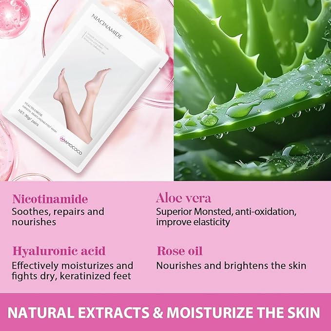 5Packs Foot Mask with Niacinamide, Deep Hydration Foot for Dry Cracked Skin, Nourishing Care with Shea Butter & Vitamin E, SPA at Home, 6.3oz