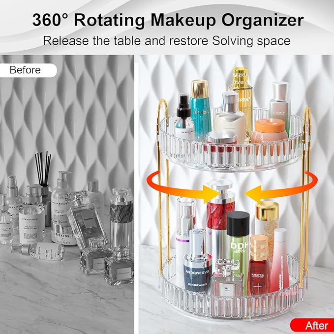 GTI 360°Rotating Makeup Organizer, 2 Tier Bathroom Counter Organizer,Large Capacity Perfume Cosmetics Skincare Vanity Organizers, Dresser Spinning Countertop Organizer and Storage for Women (Clear)