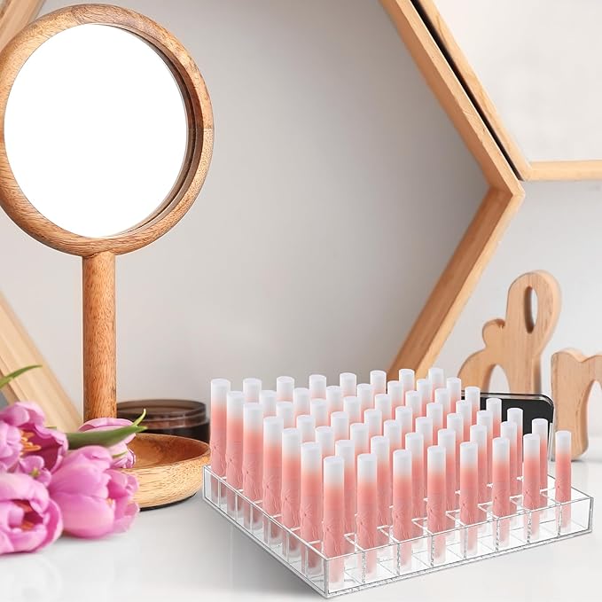 Mumufy Lipstick Holder Clear Acrylic Organizer Makeup Lip Gloss Organizer Plastic Cosmetic Display Case for Lipstick Brushes Bottles Perfume Essential Drawer Vanity Bathroom (56 Slot)