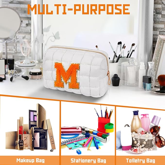 Initial Checkered Makeup Bag, Large Quilted Cosmetic Bag, Cute Make up Pouch for Purse, Travel Toiletry Storage Bag for Women Preppy Teen Girls Gift Trendy Stuff Gift (White K)