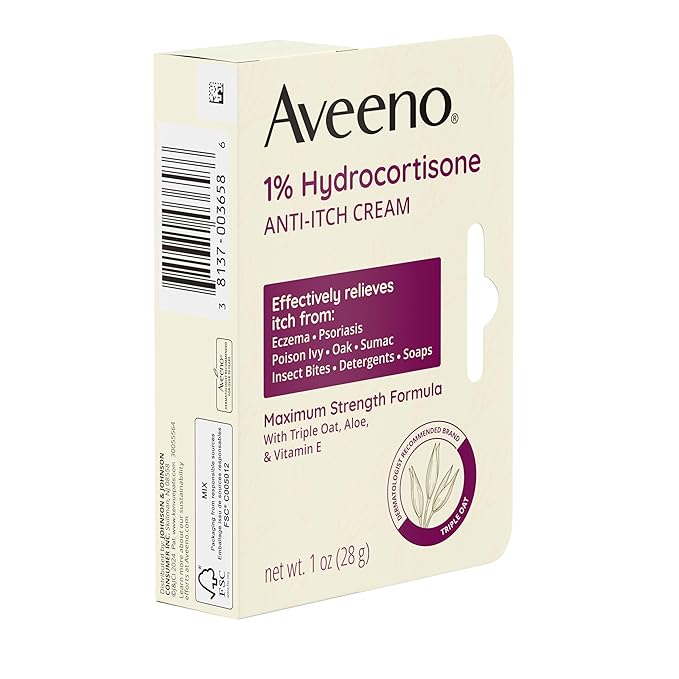 Aveeno Maximum Strength 1% Hydrocortisone Anti-Itch Cream, Triple Oat, Aloe & Vitamin E For Itch Relief From Eczema, Psoriasis, Insect Bites, Poison Ivy, Oak & Sumac & Detergents, 1 oz, 2 Pack