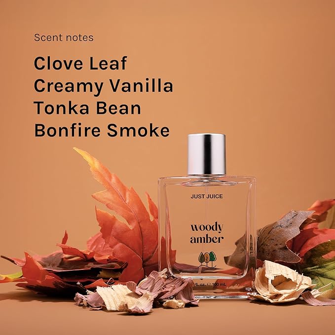 Just Juice Woody Amber - Mini Travel Perfume for Women and Men - Vanilla Perfume with Clove, Tonka Bean, Bonfire Smoke Notes - 0.33 oz
