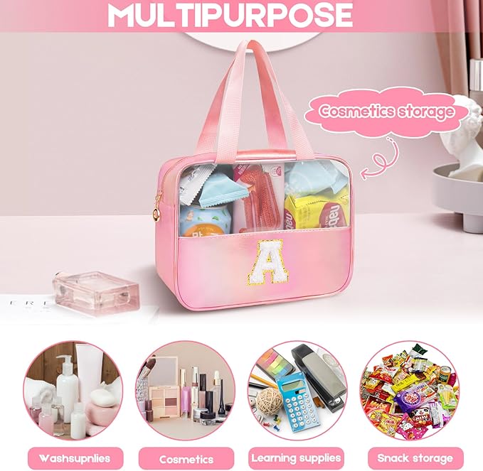 Personalized Initial J Clear Purple Makeup Bag - Large Travel Toiletry Bag, Cute Cosmetic Organizer Set for Girlfriend, Teacher, Teen Girl Gifts