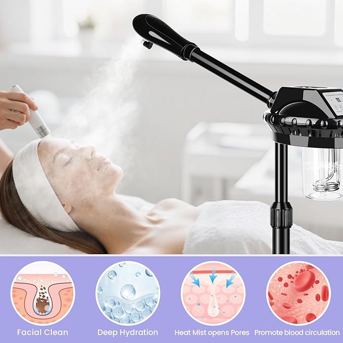 Professional Facial Steamer, Facial Steamer on Wheels, Face Steamer with Time Setting, Stand Face Steamer Adjustable Height for Spa, Salon and at Home use