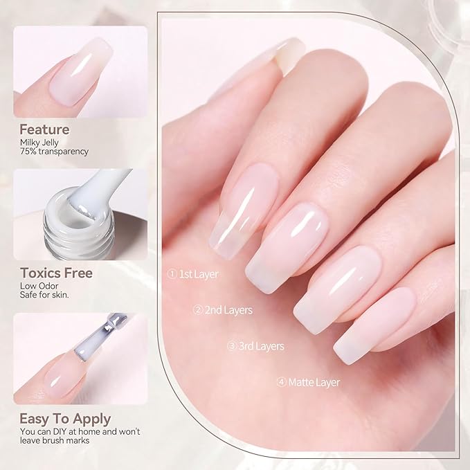 Born Pretty Milky White Gel Nail Polish Jelly White Sheer Translucent Neutral Gel Polish Hema-Free Soak Off Nail Art Gel 15ml, 0.54 Fl Oz