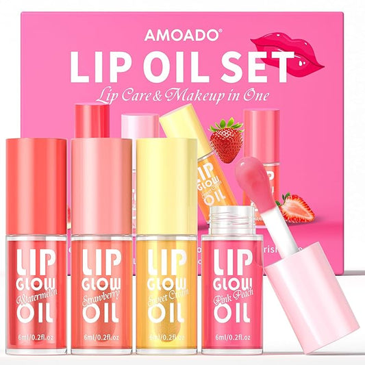 Lip Oil, Tinted Lip Glow Oil – Hydrating & Nourishing, Lip Oils Gift Set, Fruity Plumping Lip Oil Non-Sticky & Glossy Finish, 4 Colors Lip Oils Stain for Girls and Women - Moisturizing Gloss