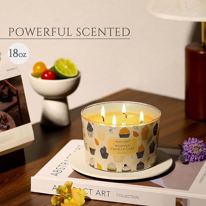 HomeLights Scented Candles for Women & Men, 18oz Candle Jars Aromatherapy 4-Wick Candle, Ideal for Rustic Modern Home Decor and Gifts, Whipped Vanilla Cake