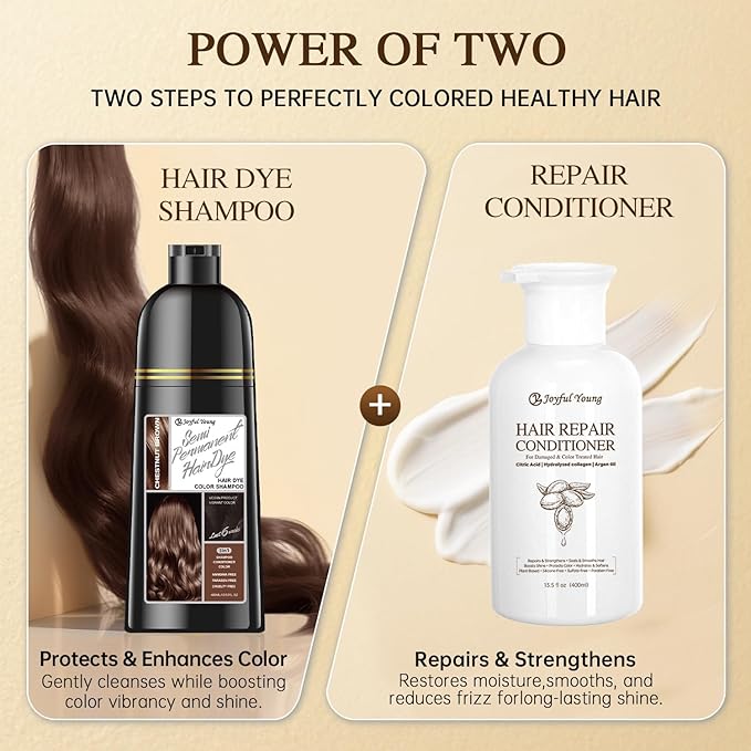 Hair Dye Shampoo 3-in-1 Vegan Color for Gray Hair - Ammonia-Free for Men & Women – Beard & Hair Coloring – Instant Gray Coverage Champú Para Canas Mujer & Hombre (CHESTNUT BROWN)