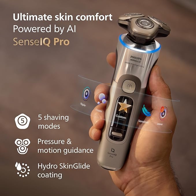 Philips Norelco Shaver i9000 Prestige Ultra, Wet & Dry Electric Shaver, White Gold, SenseIQ Pro Technology, Triple Lift & Cut System, 360 Rotating NanoTech Precision Blades, Beard Styler, XP9403/88