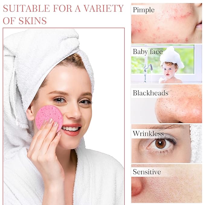 Sieral 120pcs Compressed Facial Sponges Disposable Natural Face Sponges Round Soft Pads with Container for Washing Face Cleansing Exfoliating Esthetician Makeup Removal Travel(Pink)