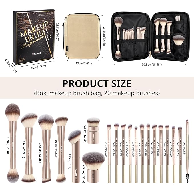 MAANGE 20 PCS Makeup Brush Set with Bag, Double-ended Kabuki Brush Foundation Contour Brush for Liquid Powder Concealer Eye Shadows Cream Cosmetics Blending Blush Face Makeup Tools with Case (Gold)