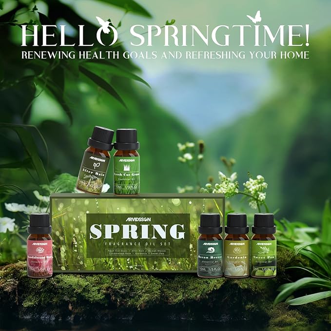 Spring Essential Oils Set, ARVIDSSON Natural Fragrance Oil for Diffuser, Candle Making - After Rain, Ocean Breeze, Fresh Cut Grass, Gardenia, Sweet Pea, Rose Sandalwood, Spring Scented Oil Gift Set