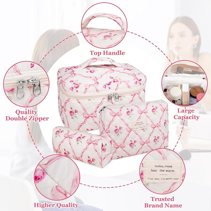 3PC Makeup Bag Set, Quilted Makeup Bag, Large Floral Cosmetic Bag for Women, Cute Cotton Makeup Bags, Flower Travel Toiletry Organizer Bag (Pink Flower)