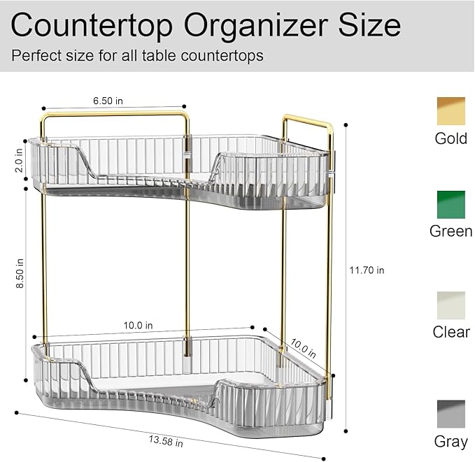 GTI 2 Tier Makeup Organizer, Large Capacity Bathroom Counter Organizer, Perfume Cosmetics Skincare Vanity Organizers, Dresser Countertop Organizer and Storage for Women (Gray)