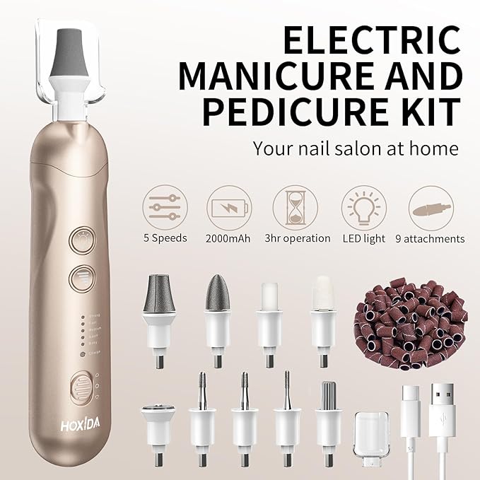Manicure Pedicure Kit, Professional Nail Grinder for Senior Thick Toenail, Cordless Electric Nail File, 5 Speeds Pedicure Tools for feet Callus Remover, Nail Drill for Women Hand Feet Care