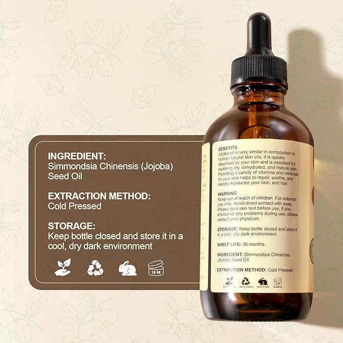 Jojoba Oil 4 fl oz EWG Verified 100% Pure Jojoba Oil Cold Pressed for Skin, Hair, Nails, Cuticles - Unrefined & Hexane Free, Natural Moisturizer Carrier oils Facial Serum for Gua Sha