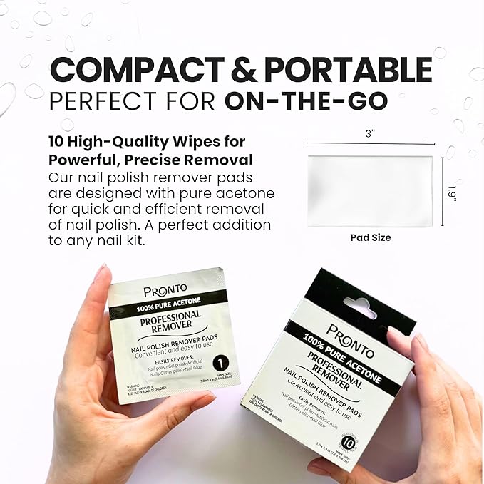 Pronto Acetone Nail Polish Remover Pads, 10 Pcs. Individually Wrapped Acetone Wipes, Pure Acetone Wipes Remover For Salon & Home - Quick Polish Nail Soak Pads