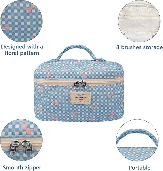 Large Makeup Bag, Cute Cosmetic Bag for Women Girls, Floral Coquette Aesthetic Toiletry Bag, Travel Make Up Organizer Bag (Blue Butterfly)