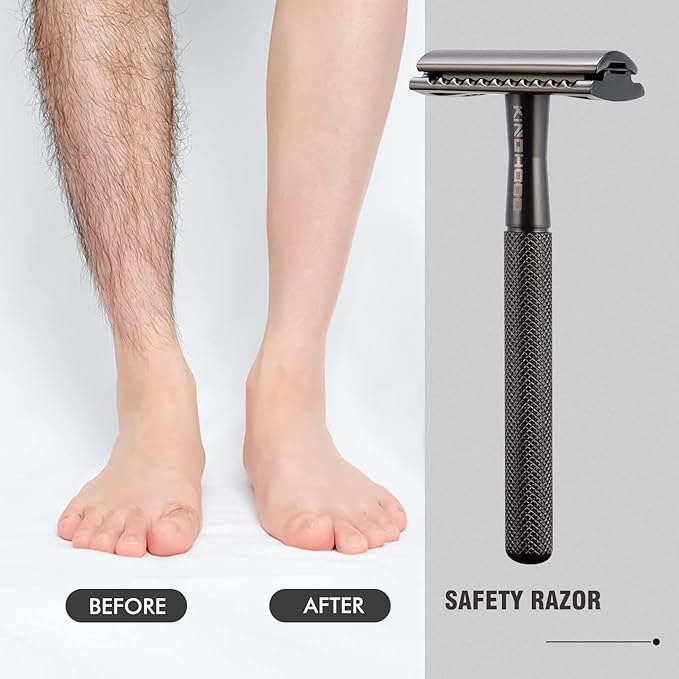 KINGHOOD Safety Razor - One Blade, Metal, Reusable, Double Edge, Closed Comb, Brass, Black