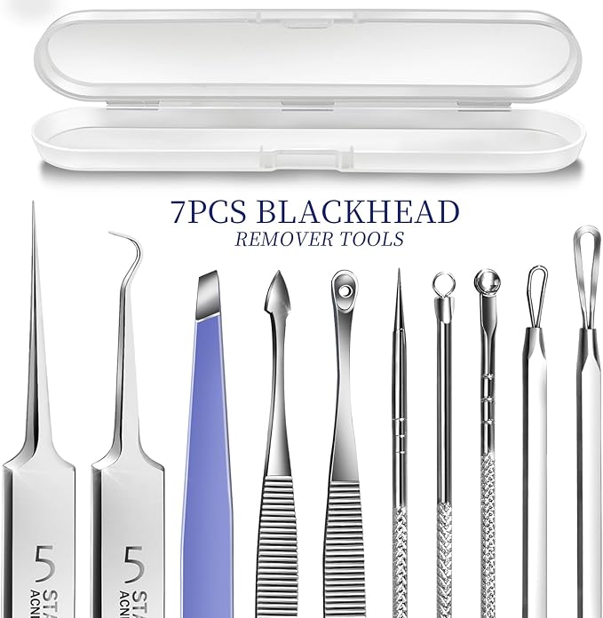 Teenitor 7 Pcs Pimple Popper Tool Kit, Surgical Grade Blackhead Remover Tools, Ingrown Hair Tweezers, Blackhead Extractor Pimple Extractor, Black Head Remover for Face
