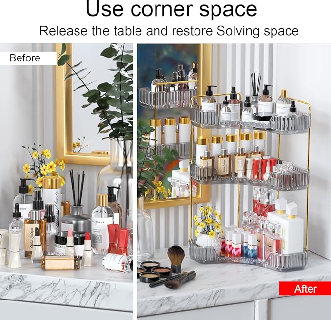 GTI 3-Tier Corner Bathroom Counter Organizer, Large Capacity Makeup Organizer Countertop, Perfume Cosmetics Skincare Vanity Organizers, Exquisite Countertop Storage for Women (Gray)