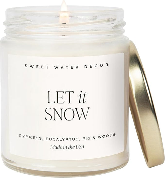 Sweet Water Decor Let it Snow Christmas Scented Candles - Christmas Stocking Stuffers Soy Candles with Cypress Scent - Christmas Candles with 40 Hours Burn Time - 9Oz Gold Lid Clear Jar Wax Candles