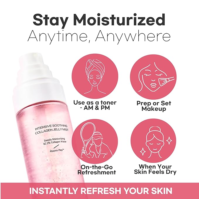 Intensive Soothing Collagen Jelly Mist, Deep Hydrating Pink facial mist, Elasticity Moisturizer, Dewy Glow Spray, Hyaluronic Acid, Lightweight Gentle for All Skin, Korean skin care 3.38 fl oz
