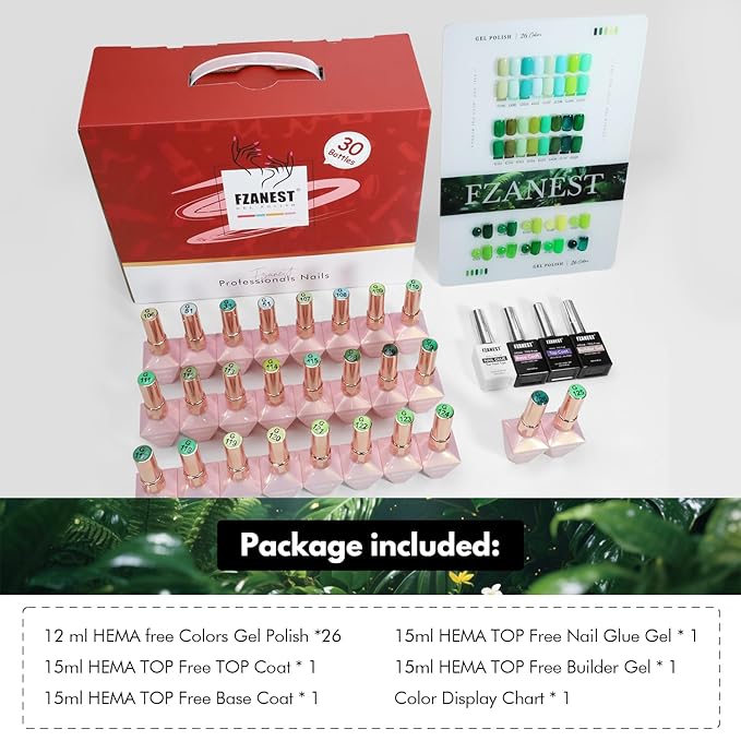 FZANEST Green Gel Nail Polish Set,30pcs 12ml Hema-free Tpo-free Spring Gel Polish Kit With Top Base Coat Nail Art Manicure Salon DIY at Home for Women
