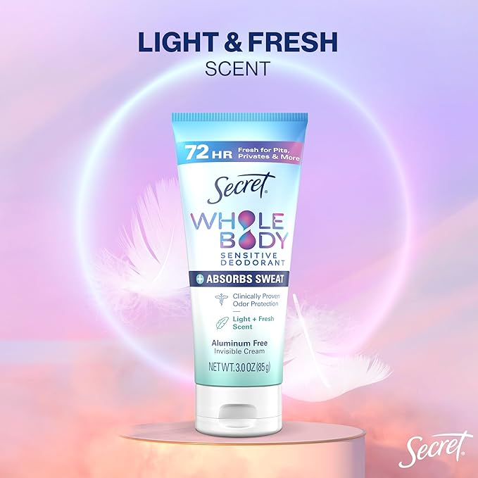 Secret Whole Body Deodorant Dry Feel Cream + Absorbs Sweat for Women, Light & Fresh Scent, Aluminum Free Deodorant, 72 HR Odor Protection, 3.0 oz