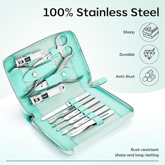 FAMILIFE Manicure Kit for Women, Professional Manicure Set Nail Clippers Set 11 in 1 Stainless Steel Pedicure Tools Nail Kit Men Grooming Tool with Portable Green Travel Case for Home, Travel