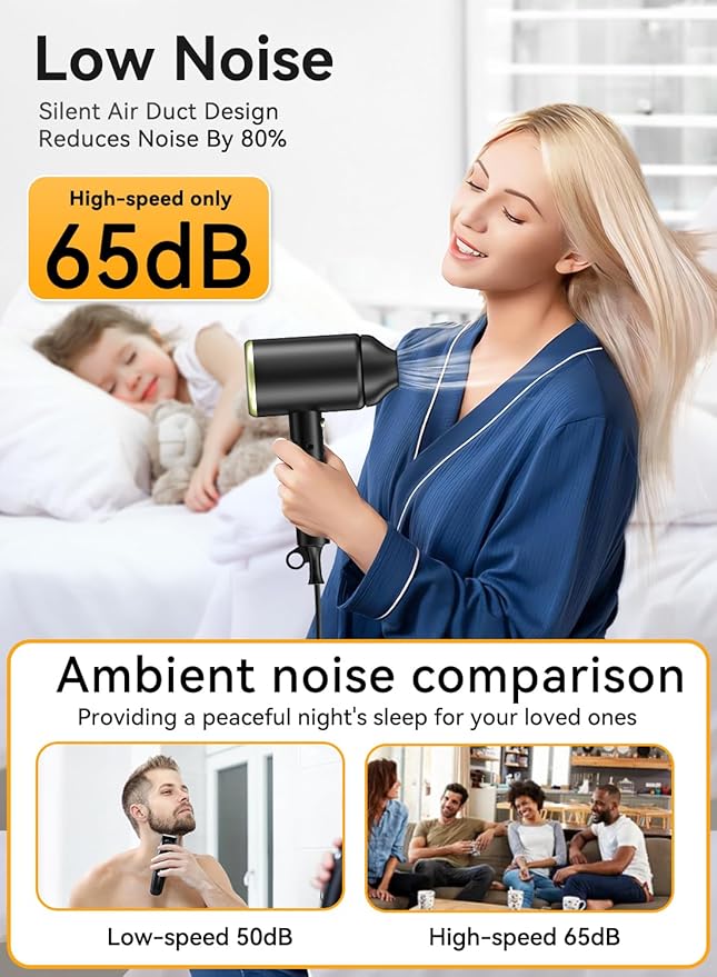 Hair Dryer, 150000RPM Ionic Blow Dryer - Fast Drying, Low Noise, Foldable Portable with Diffuser and Nozzle, Compact Mini for Women and Men, Home and Travel - Black