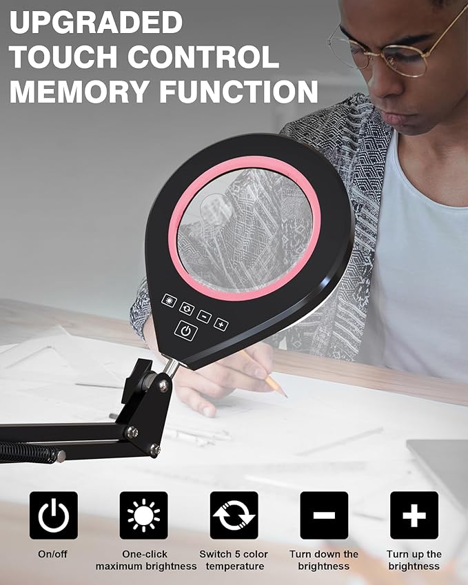 10X & 5X Magnifying Glass with Light, Ultra Long Swing Arm, 5 Colors & 10 Brightness, Real Glass Lens Large Magnifying Lamp for Craft Painting Workbench Jewelry Making Hobby Close Work (Pink)