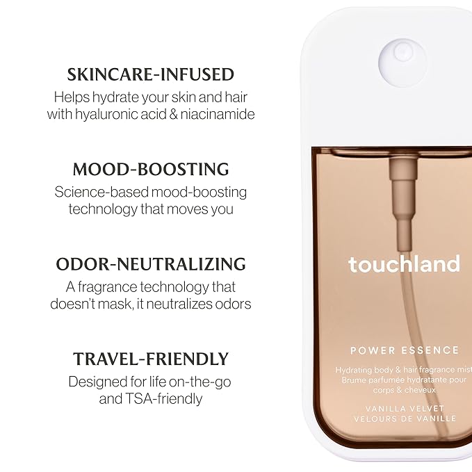 Touchland VANILLA INDULGENCE Body and Hand Mist Essentials (Vanilla Velvet Body & Hair Fragrance Mist, 2 FL. OZ. + Vanilla Blossom Hydrating Hand Sanitizer Spray 1FL.OZ.), Travel Size Set