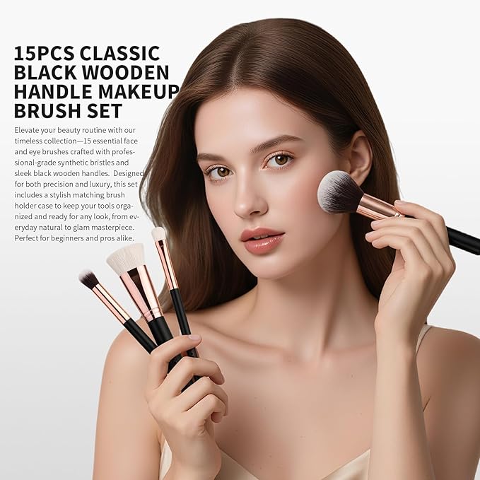 docolor Makeup Brush Set Professional, 15 PCS Black Wood Handle Makeup Brushes, Premium Cruelty-Free Synthetic Fiber Hair, Travel Make up Brushes Set with Case