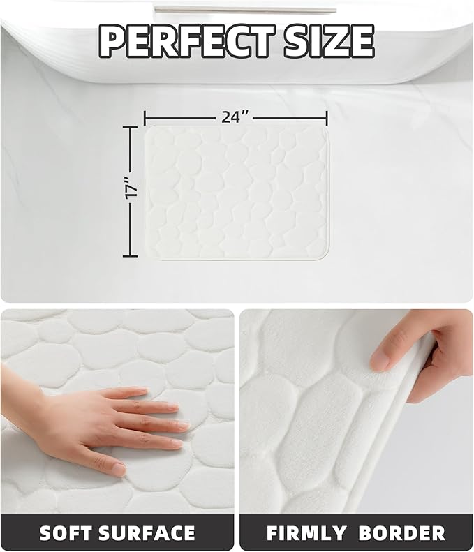 YIHOUSE Memory Foam Bath Mat Cobblestone Bathroom Rugs Super Water Absorbent Bath Mats for Bathroom Machine Washable Bath Rugs(17 x 24,White)