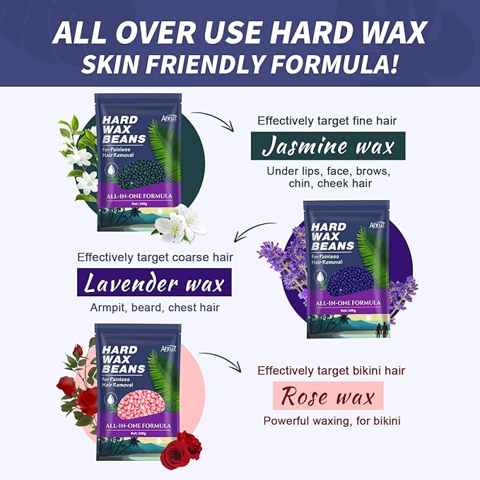 Waxing Kit for Women Men - Wax Kit for Hair Removal with Silicone Bowl,4 Bags Hard Waxing Beads and 30 Sticks - at Home Use Wax Warmer for Full Body, Bikini, Eyebrow, Face, Sensitive Skin