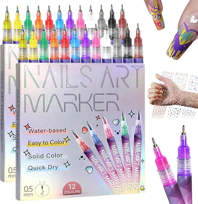 12 Colors Nail Art Pens Set, 2026 Upgraded Nail Art Markers Polish Pen Quick Dry, Acrylic Nail Art Tools for Dotting Drawing Painting Liner DIY (2 set & 30 pcs stickers)