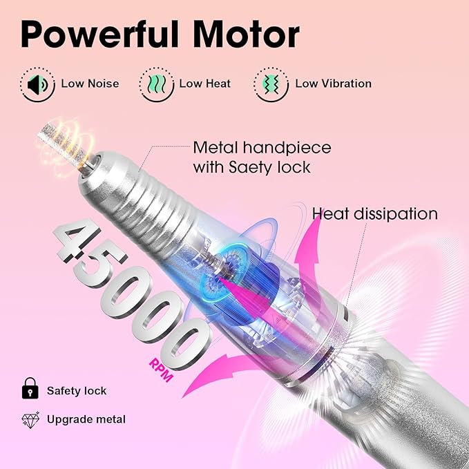 Nail Drill Professional 45000RPM Drils Nail Electric Nail File Nails Drill with Sanding Bands and Nail Drill Bits for Acrylic, Gel Nail Manicure & Pedicure, Pink