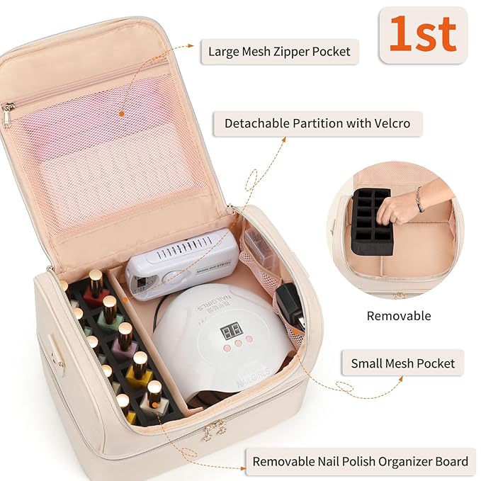 CUBETASTIC Nail Polish Organizer, Portable Nail Polish Storage Case Holds 45 Bottles Nail Polish & Nail Lamp, Travel Nail Supplies Organizer for Nail Tech Kit & Manicure Tools (White, 45 Slots)