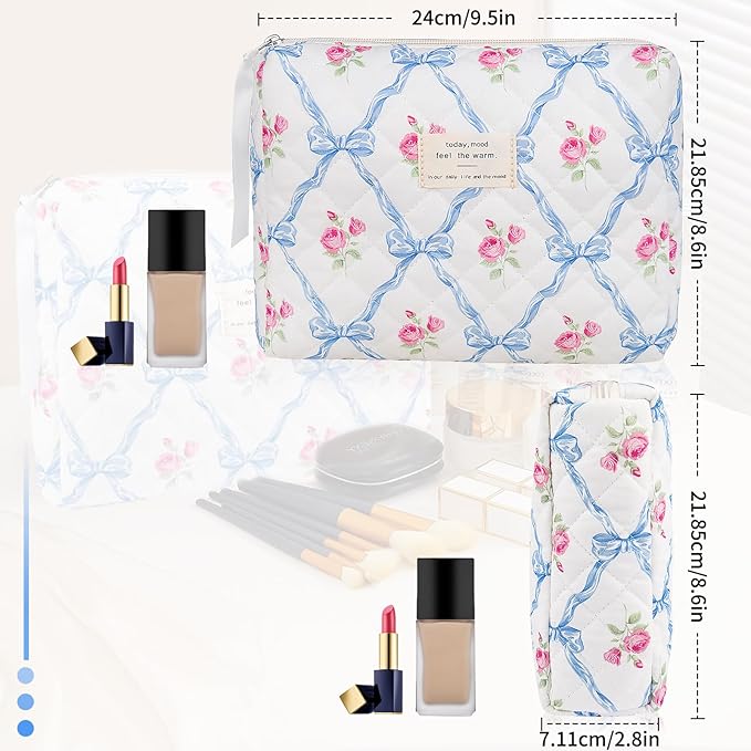Floral Makeup Bag, Small Cosmetic Bag for Women Girls, Cute Cotton Makeup Bag, Quilted Makeup Bags, Flower Travel Toiletry Organizer Bag(Blue Flower)