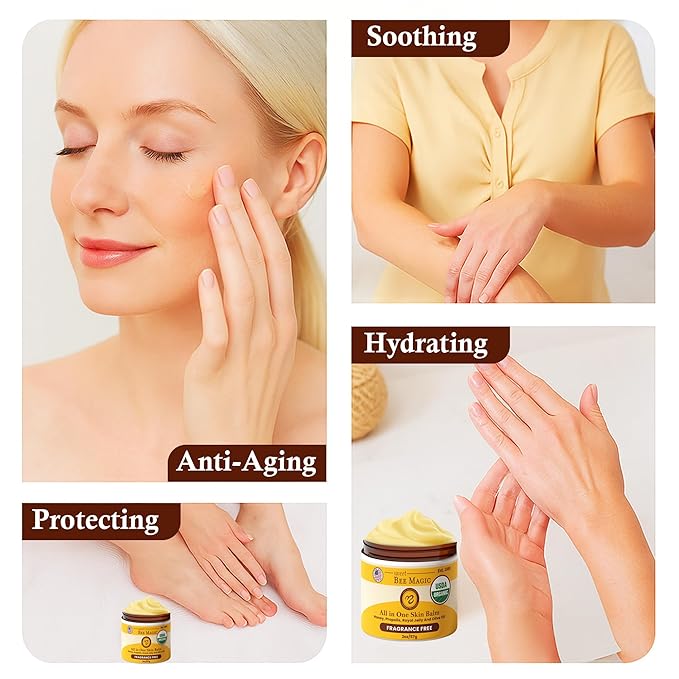 Sweet Bee Magic All In One Healing Organic Balm - Natural Skin Healing Cream, Beeswax Balm for Dry Skin, Face & Body Moisturizer - Certified Organic, All Natural Aid - 6 Jars - (2oz Each, 12oz Total)