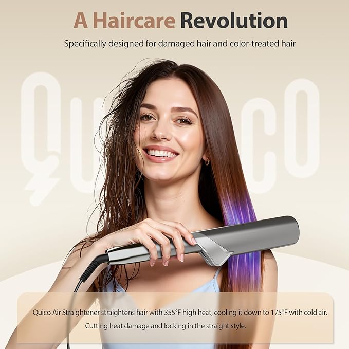 Quico Hair Dryer Air Straightener, Wet to Dry Ionic Hair Straighteners with High-Speed Airflow, 5 Temps & Dual Voltage, 2-in-1 Flat Iron and Blow Dryer, Black Grey