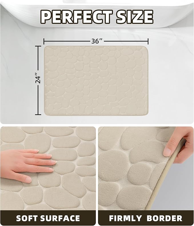 YIHOUSE Memory Foam Bath Mat Cobblestone Bathroom Rugs Super Water Absorbent Bath Mats for Bathroom Machine Washable Bath Rugs(24 x 36,Khaki)