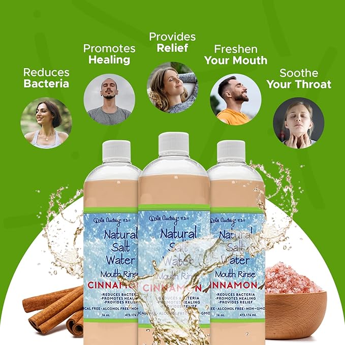 3 Pack Natural Saltwater Mouth Rinse | Himalayan Pink Salt Water Oral Rinse | Organic Cinnamon Flavor Fluoride & Alcohol Free Mouthwash for Fresh Breath | Natural Gum Care Mouthwash-16 FL Oz