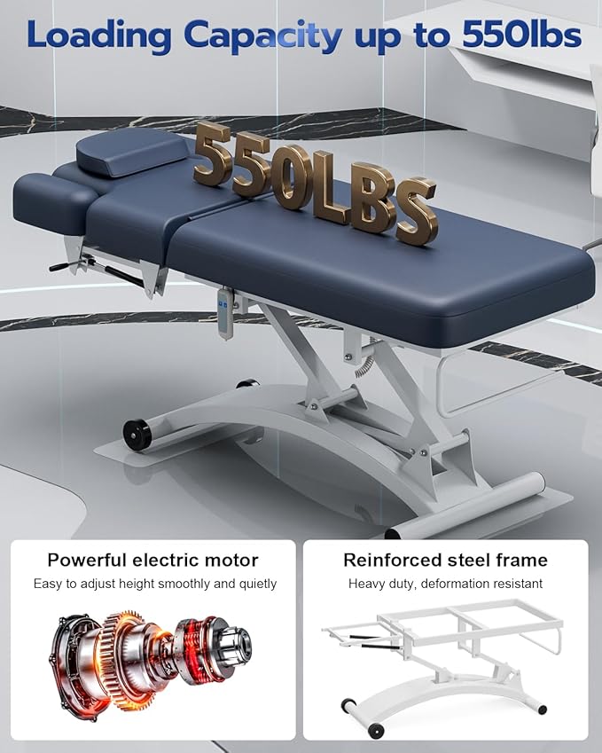 SyyBhb Professional Hi-Lo Electric Massage Table with Wheels, Haydraulic Adjustable Backrest Downward for Treatment/Facial/Beauty/Spa/Physical Therapy Blue