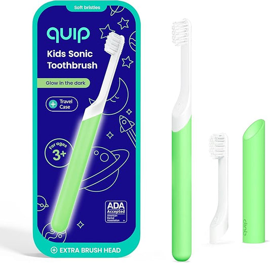 Quip Sonic Toothbrush for Kids with Timer - Includes Extra Brush Head and Travel Cover Mount - Electric, Soft Bristle Refill Head, Rubber Handle, 3 Month Battery Life - Glow in The Dark, Green
